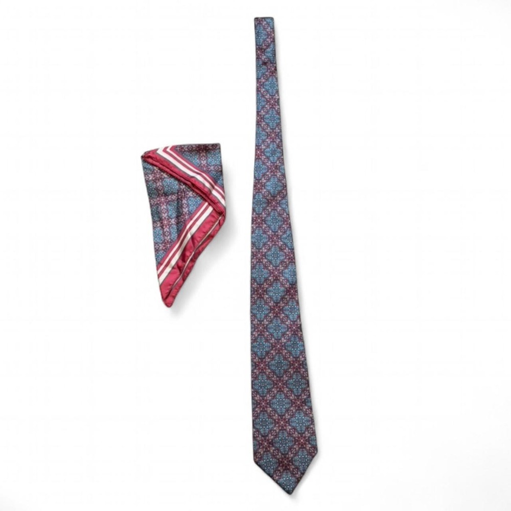 Vintage 80s Strathmore Burgundy&‎ Teal Medallion Silk Tie & Pocket Square